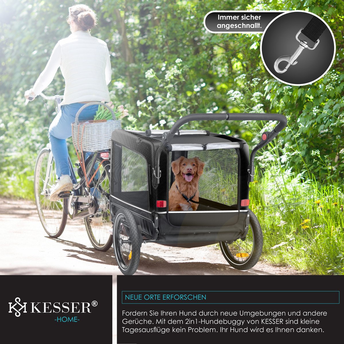 KESSER® Hondenfietskar tot 40 kg 3in1 Hondenbuggy - Fietskar Hond Jogger - Zwart
