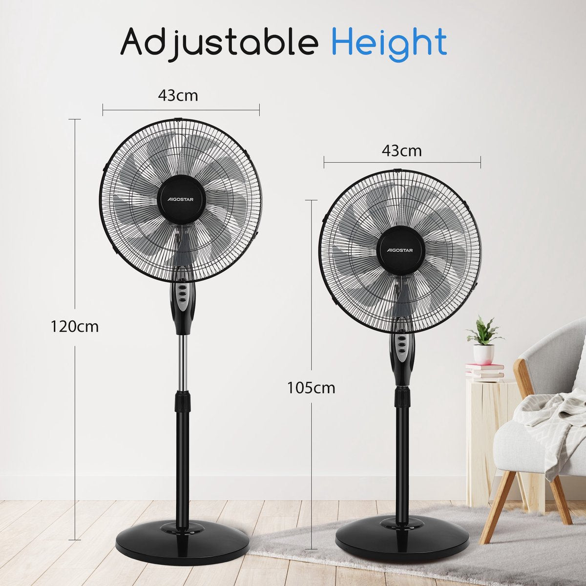 Aigostar Statiefventilator - Ventilator Staand - Verstelbaar - 60W - Zwart •