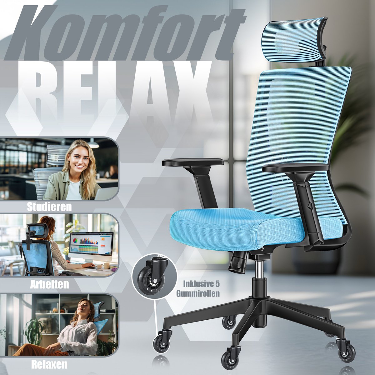 KESSER® Ergonomische Bureaustoel - Gamestoel - Office Chair - Blauw •