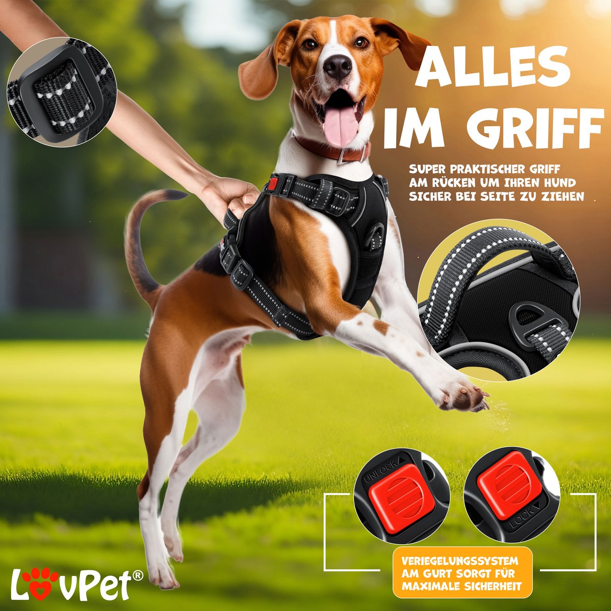 LOVPET® Reflecterende Hondentuigje - No pull & choke Hondenharnas - Anti-trek tuig - Verstelbaar Harnas met Handvat - inclusief Buideltasje - Zwart - M