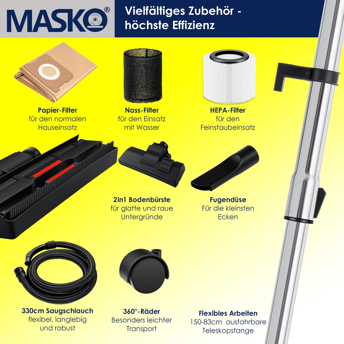 MASKO® Industriële stofzuiger 2300W - Droog- & Natzuigen - Geel