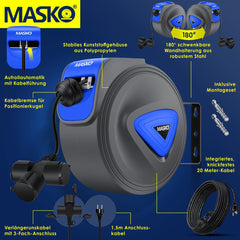 MASKO® Kabelhaspel 20 meter automatisch voor buiten met 3 stopcontacten Wandmontage 1,5m Aansluitkabel Inclusief Handschoenen - Blauw