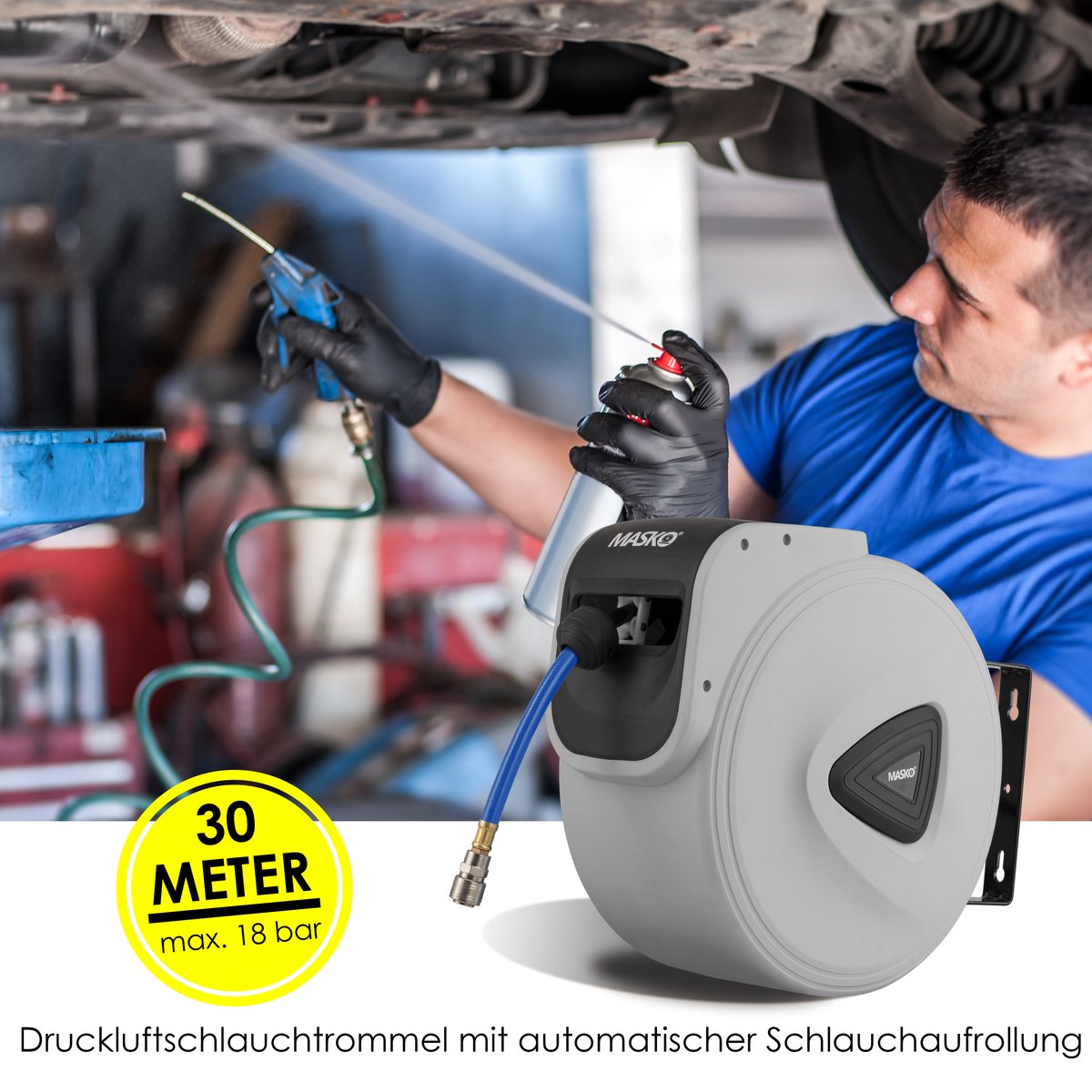 MASKO® Automatische Luchtslang - 30M - Slanghaspel - Grijs