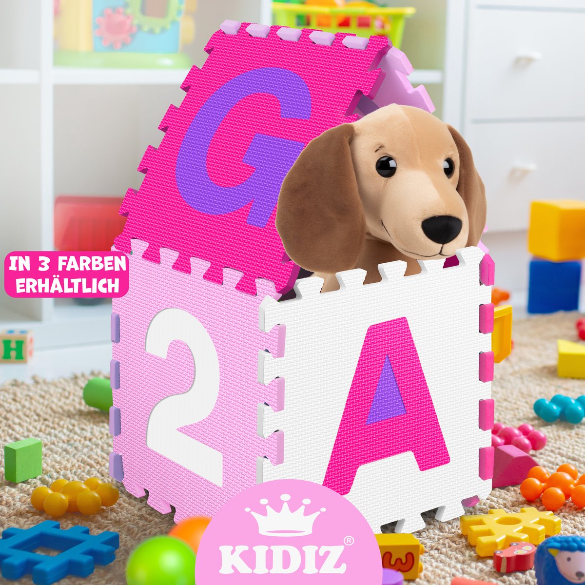 KIDIZ® 86-Delige Puzzelmat Speeltapijt Schuimmat Kindertapijt, Puzzel Cijfers en Letters Beschermende Mat - Roze