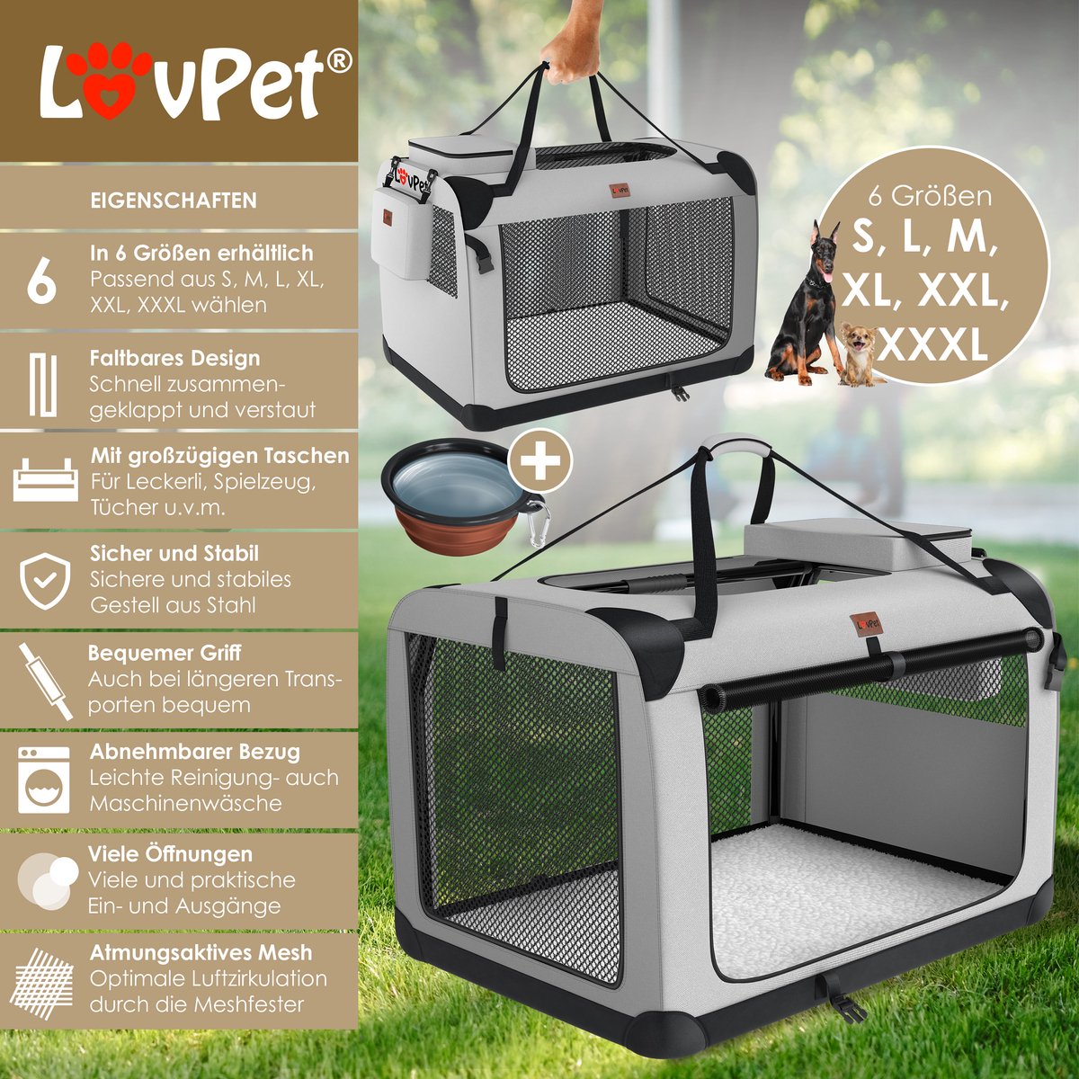 LOVPET® reisBench Hondenbench hondenbox honden transportbox opvouwbaar incl. transportzak hondenbak transportbox voor huisdieren, honden en katten transportbox - XXXL, Lichtgrijs