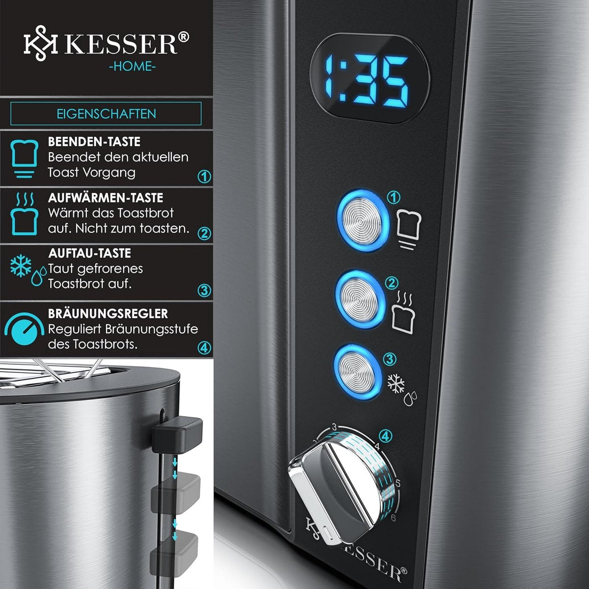 Broodrooster - Toaster - 4 sleuven - 1250W - Antraciet