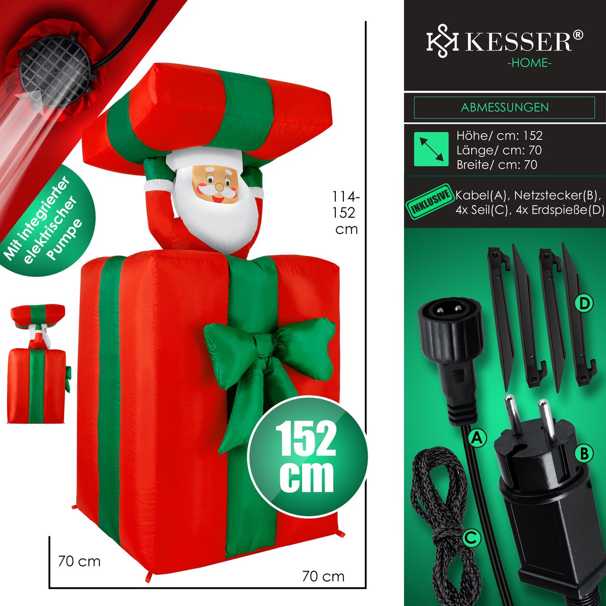 KESSER® Opblaasbare Kerstman pop LED Kerstverlichting - Cadeau Kerstman 152cm Lang Springt-uit-de-Doos Kerstmis LED Verlicht Deco incl. Bevestigingsmateriaal Kerstdecoratie Kerstversiering - 152cm