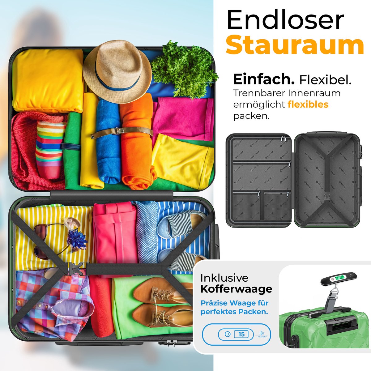 KESSER® Reiskofferset - 3-delig - ABS- Kofferset - Groen