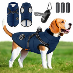 LOVPET® Hondenjas Hondenvacht met Harnas Waterafstotend, incl. 45 Stuks Poepzak + Dispenser, Winter Vest Hond Waterdicht Gevoerd, Gewatteerd Vest Met Borstband, Reflectoren, D-Ring - Marineblauw / L