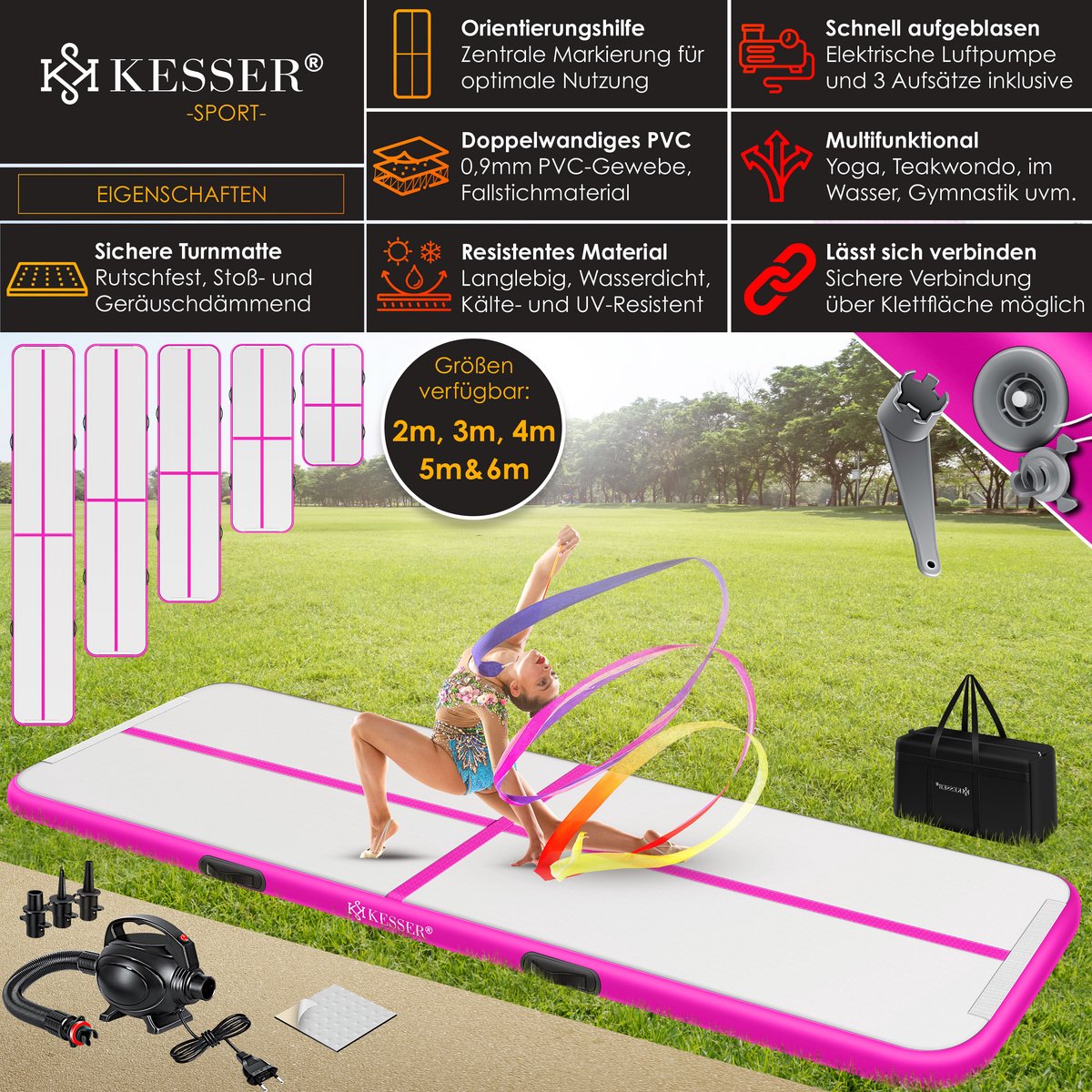 KESSER® Gymnastiekmat Opblaasbare Airtrack Fitnessmat|Yogamat,Tumblingmatten,Trainingsmat,Sportmat |Sporten & Spelen|Buiten & Binnen|incl. Draagtas & Electr. Luchtpomp - Roze / 6M