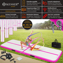 KESSER® Gymnastiekmat Opblaasbare Airtrack Fitnessmat|Yogamat,Tumblingmatten,Trainingsmat,Sportmat |Sporten & Spelen|Buiten & Binnen|incl. Draagtas & Electr. Luchtpomp - Roze / 6M