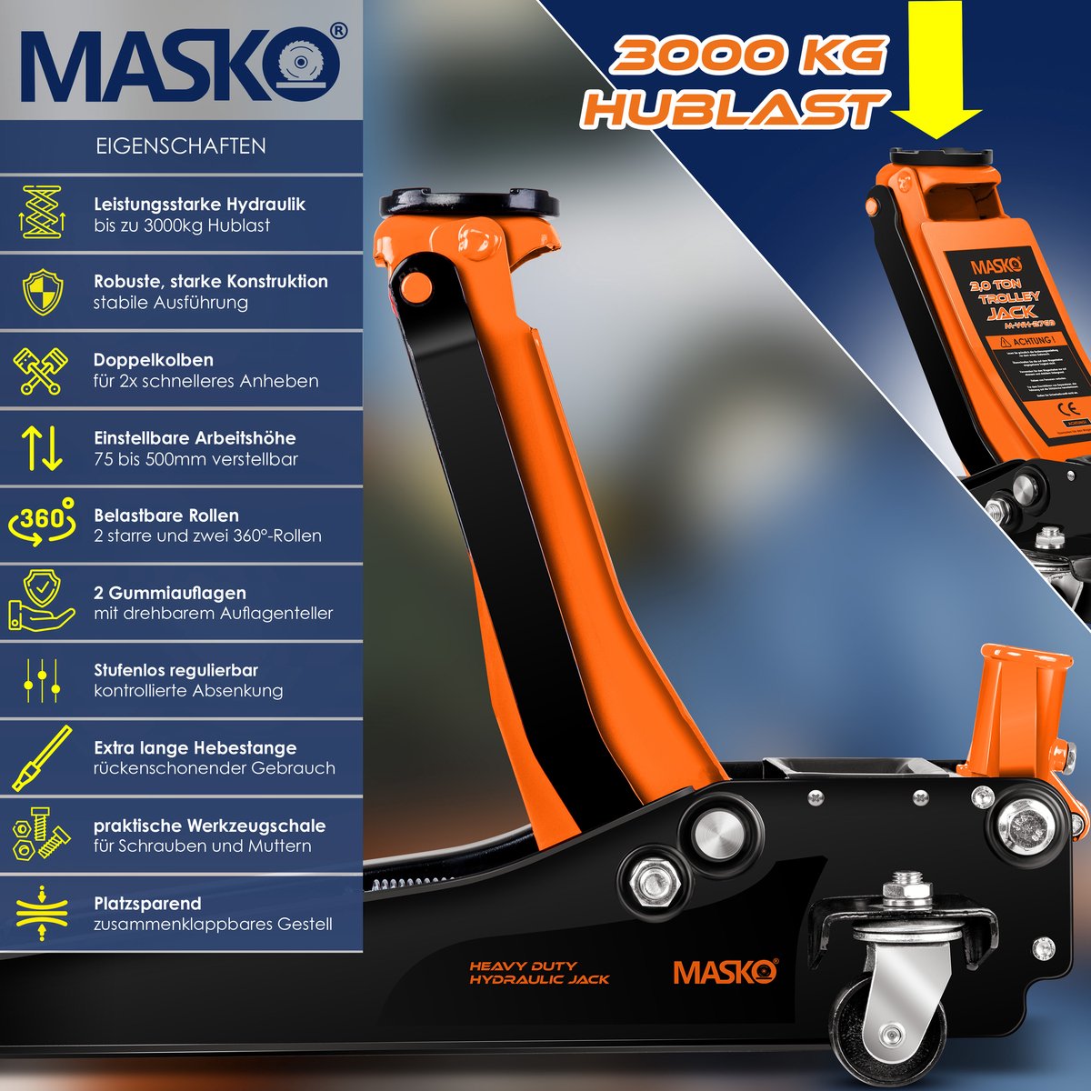 MASKO® krik hydraulische vlakke hefhoogte garagekrik + 2x rubber pads + handschoenen autokrik rangeerkrik hydraulische 360° rollen auto krik onder standaard - 3 Ton - Oranje