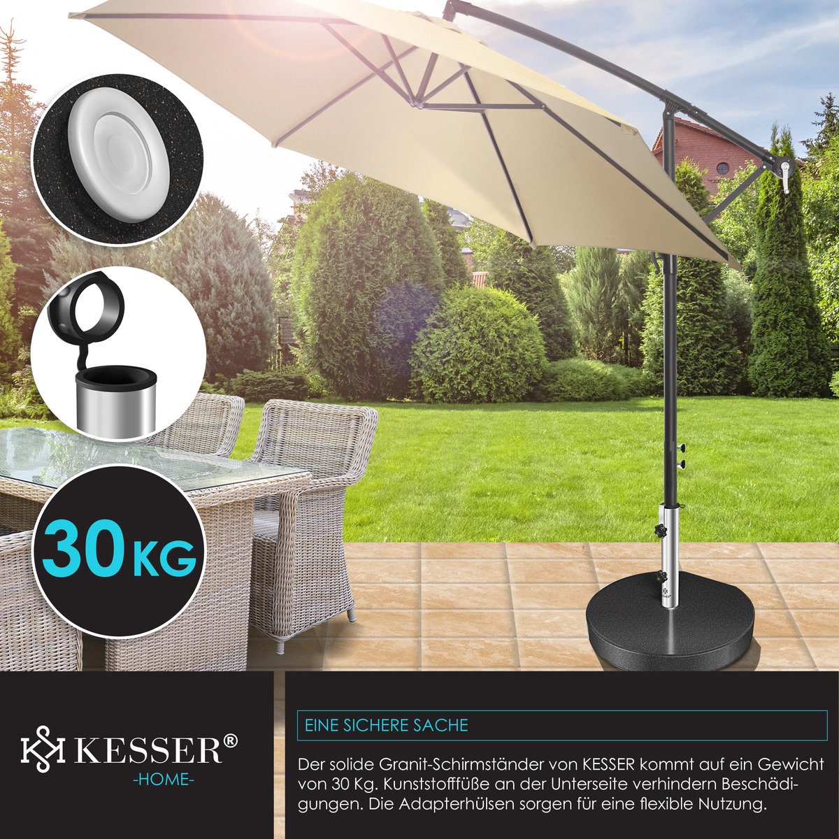 KESSER® Parasolvoet op wielen Graniet 30 kg - Parasol voet tot Ø38mm - Ø48mm verrijdbaar Rond Ø45cm - Antraciet