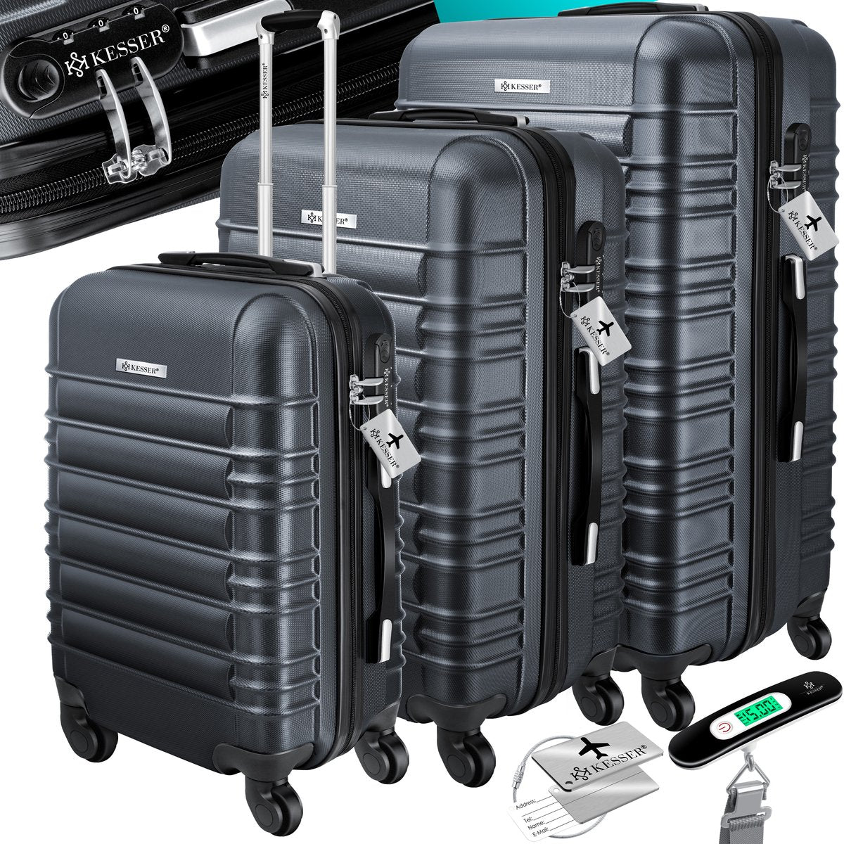 KESSER® Reiskofferset - 3-delig - ABS- Kofferset - Antraciet