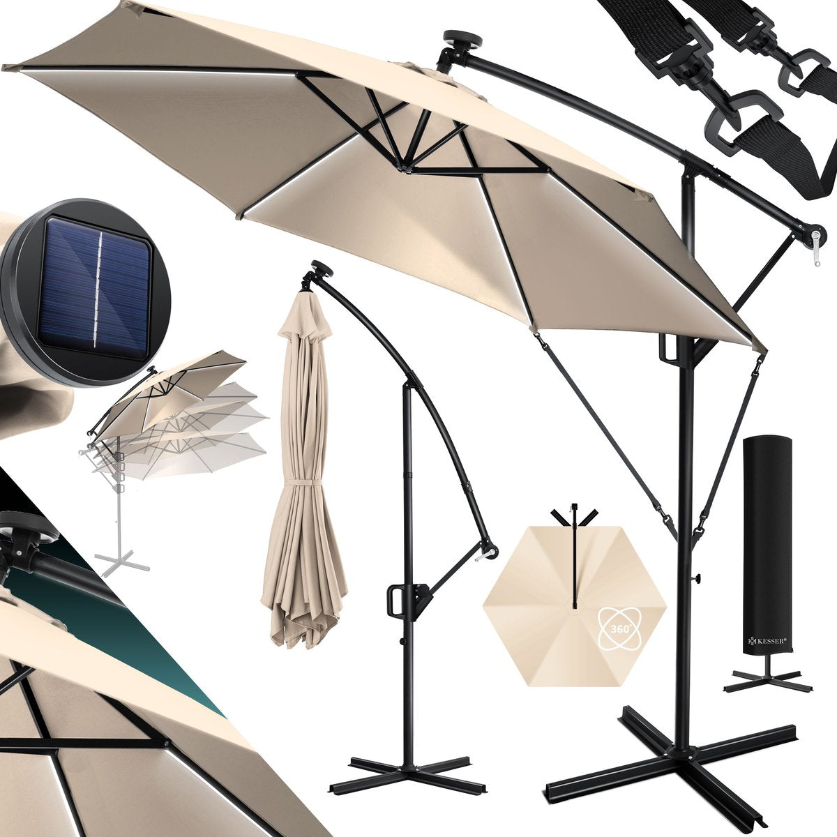 KESSER® Zweefparasol met voet - LED - Ø3m - 360° Draaibaar  - Beige •