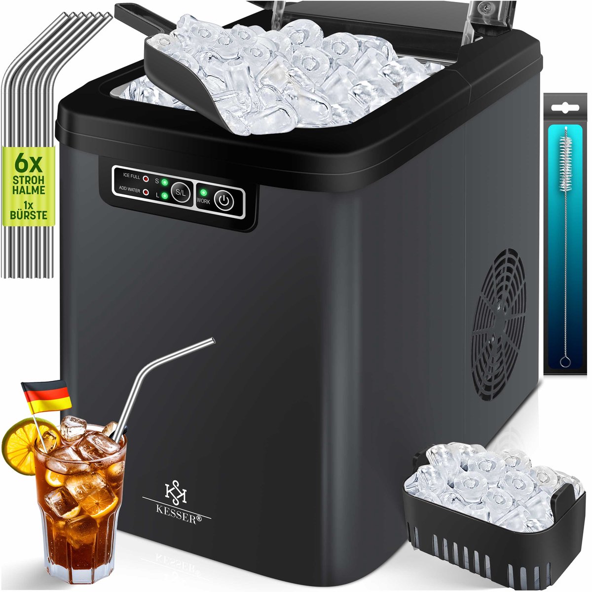 KESSER® Ijsblokjesmaker - Ijsblokjesmachine -12kg/24 uur - RVS - Antraciet