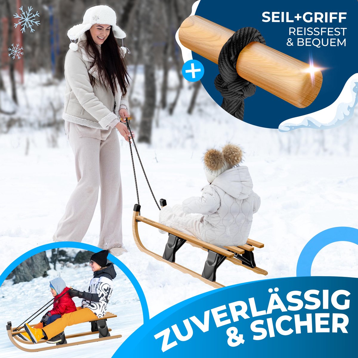 KESSER® Houten slee Premium slee Opvouwbare kinderslee van beukenhout incl. trektouw Slider Metalen lopers - Houten slee, Zwart