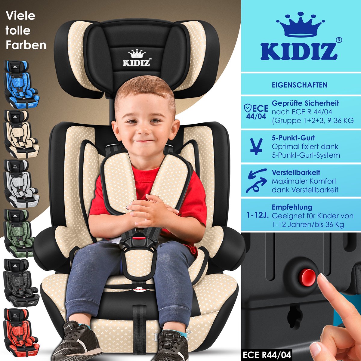 KIDIZ® Autostoeltje - 5-punts veiligheidsgordel - Beige