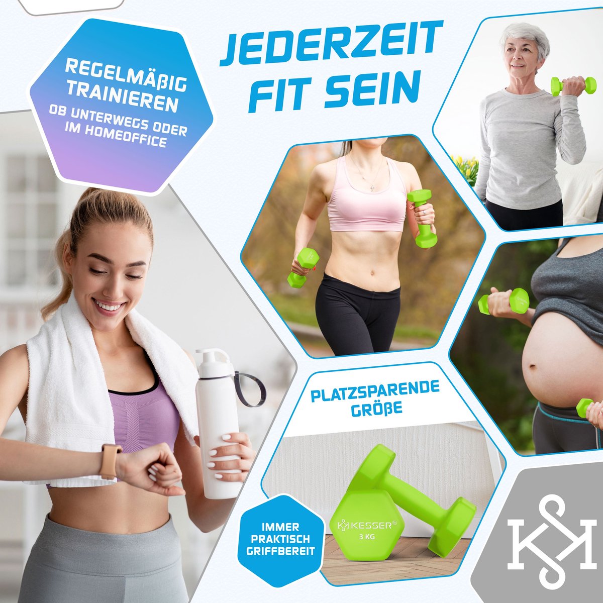 KESSER® Dumbells Set 2 Paren | Gewichten Set | verstelbare Dumbell Geschikt voor Krachttraining | Halterset met oefeningenboekje, 2x fitnessbanden, 2 x 3 kg - Lichtgroen