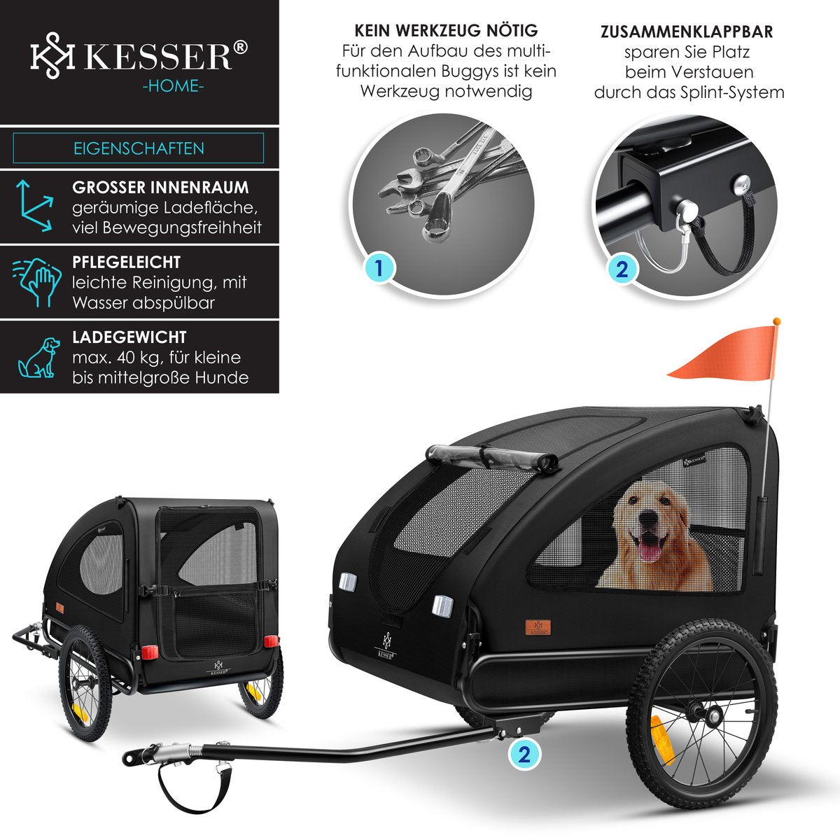 KESSER® Hondenfietskar tot 45 kg 2in1 Fietskar Hond - Zwart •