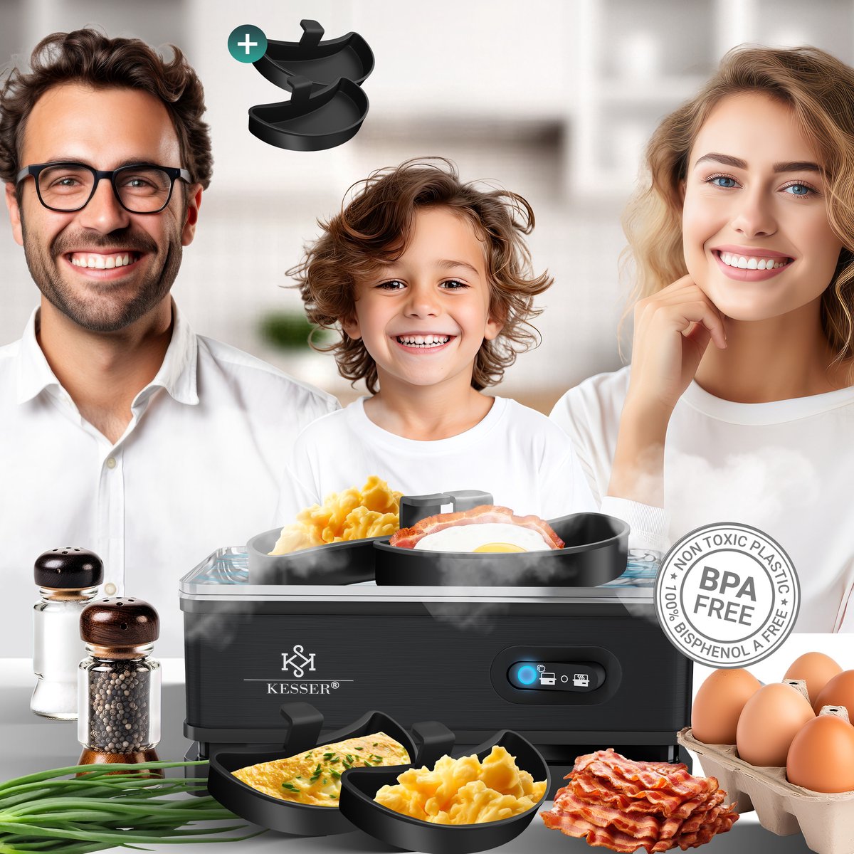 KESSER® Eierkoker electrisch voor 6 Eieren | Elektrische Eierkoker 400W van roestvrij staal met Timer en Maatbeker & 2x kom voor omelet BPA-vrij - Zwart