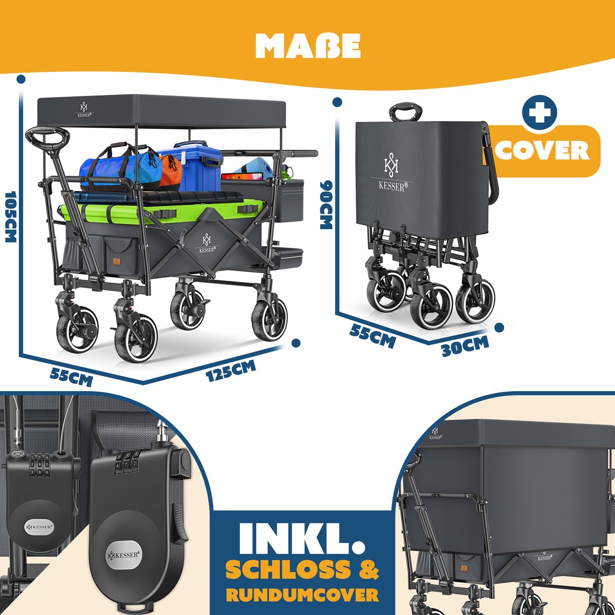KESSER® Bolderkar GTS-9100 opvouwbaar met Dak tot 80 kg draagvermogen - Antraciet / Neongroen