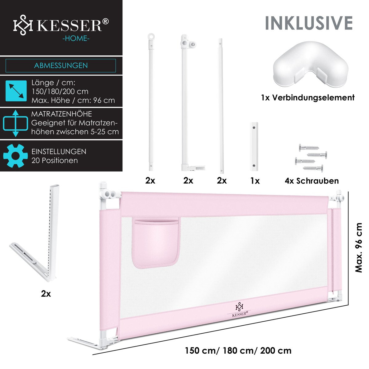 KESSER® bedhekje - Bedhek Kinderbedhek voor kinderen Baby bedhek Valbeveiligingsbed voor Bed & boxspring - 180cm, Roze
