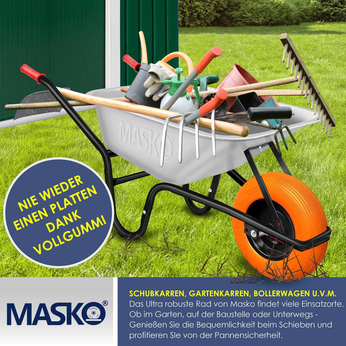MASKO® Kruiwagenwiel Massief - 4.80/4.00-8 Ø 390mm - Oranje