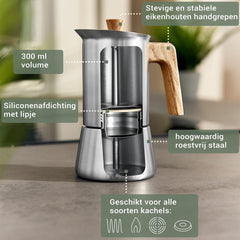 WALDWERK espressomachine (300ml) - inductie-espressomachine geschikt voor alle soorten kachels - Percolator mokkapot van roestvrij staal met houten handvat van echt eikenhout