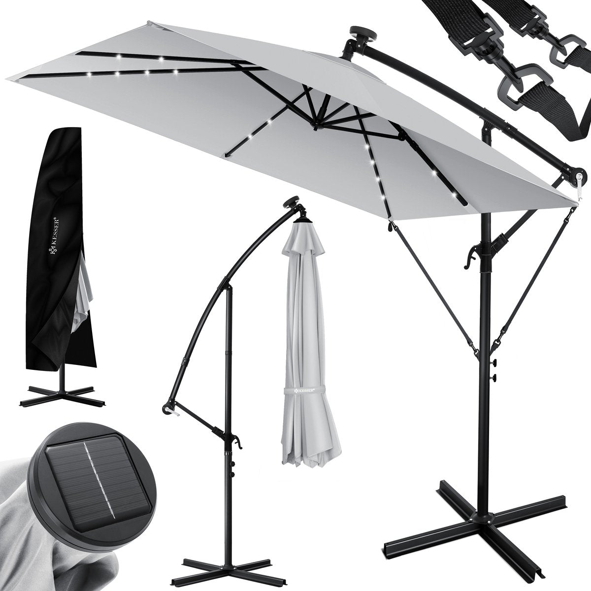 KESSER® Zweefparasol met voet - LED - Ø2.5m - 360° Draaibaar  - Lichtgrijs