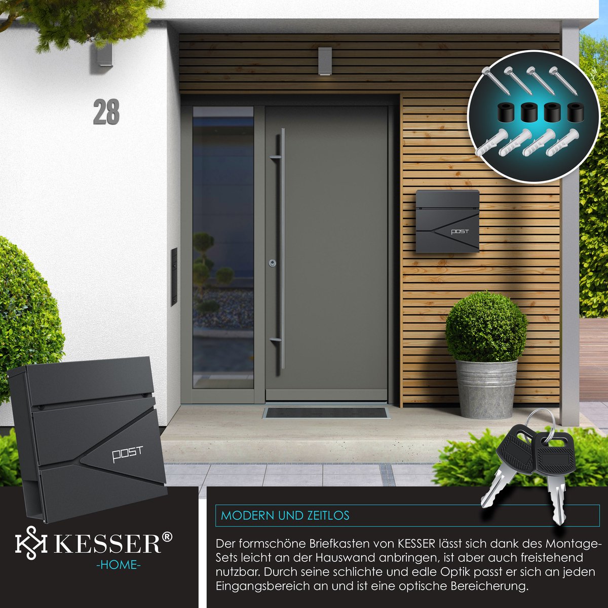 KESSER® Brievenbus met Krantenvak Wandmontage Roestvrij Staal - Wandbrievenbus inclusief Montagemateriaal 2x Sleutels, Afsluitbaar, Softclose-deksel - Antraciet