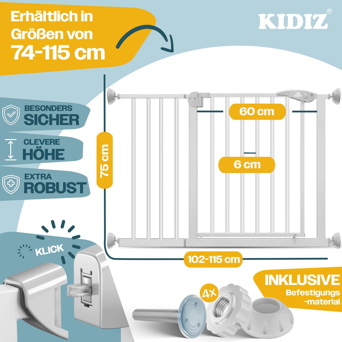 KIDIZ® Traphekje zonder boren - Veiligheidshekje - 74-87cm - Grijs