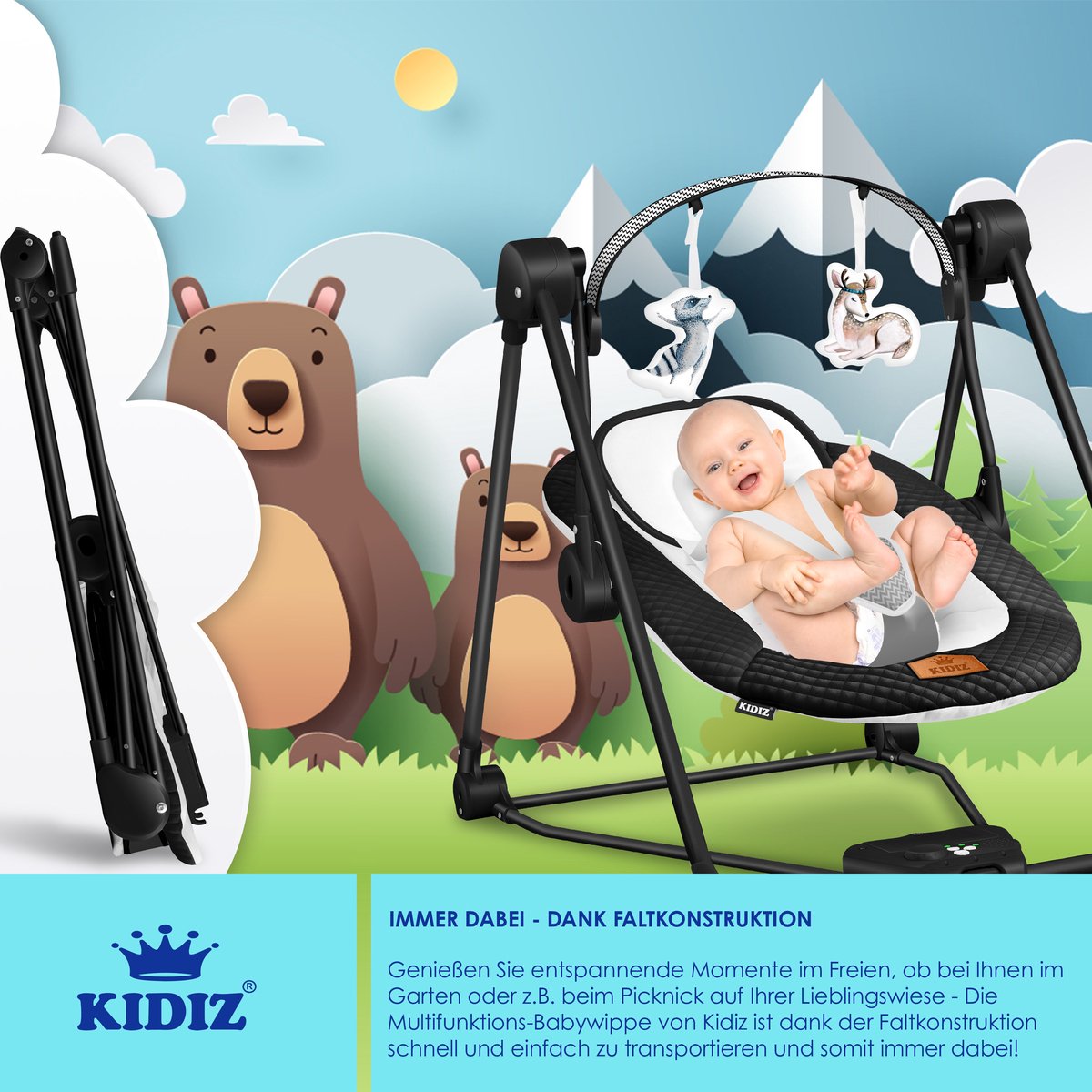 Wipstoel - Babyschommel - Baby Swing -  max 9kg - Zwart - KIDIZ®