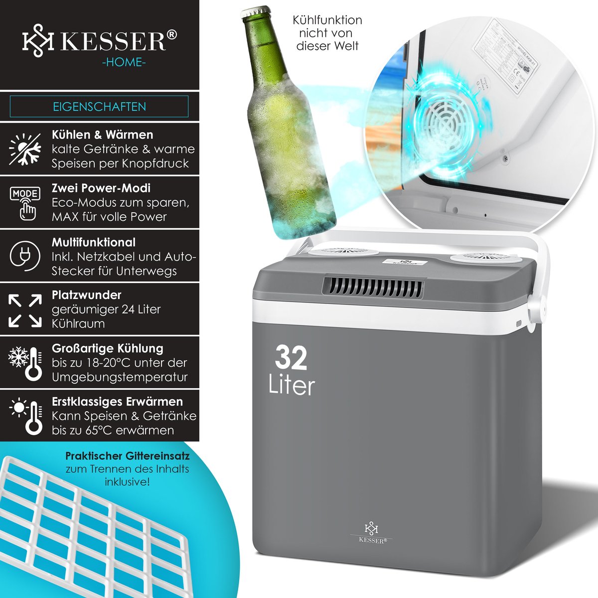 Koelbox Elektrisch – 12V en 230 volt - Coolbox - Frigobox - 32L – Grijs •