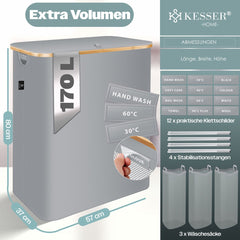 KESSER® Wasmand met Deksel - 3 Waszakken - 170 Liter - Grijs