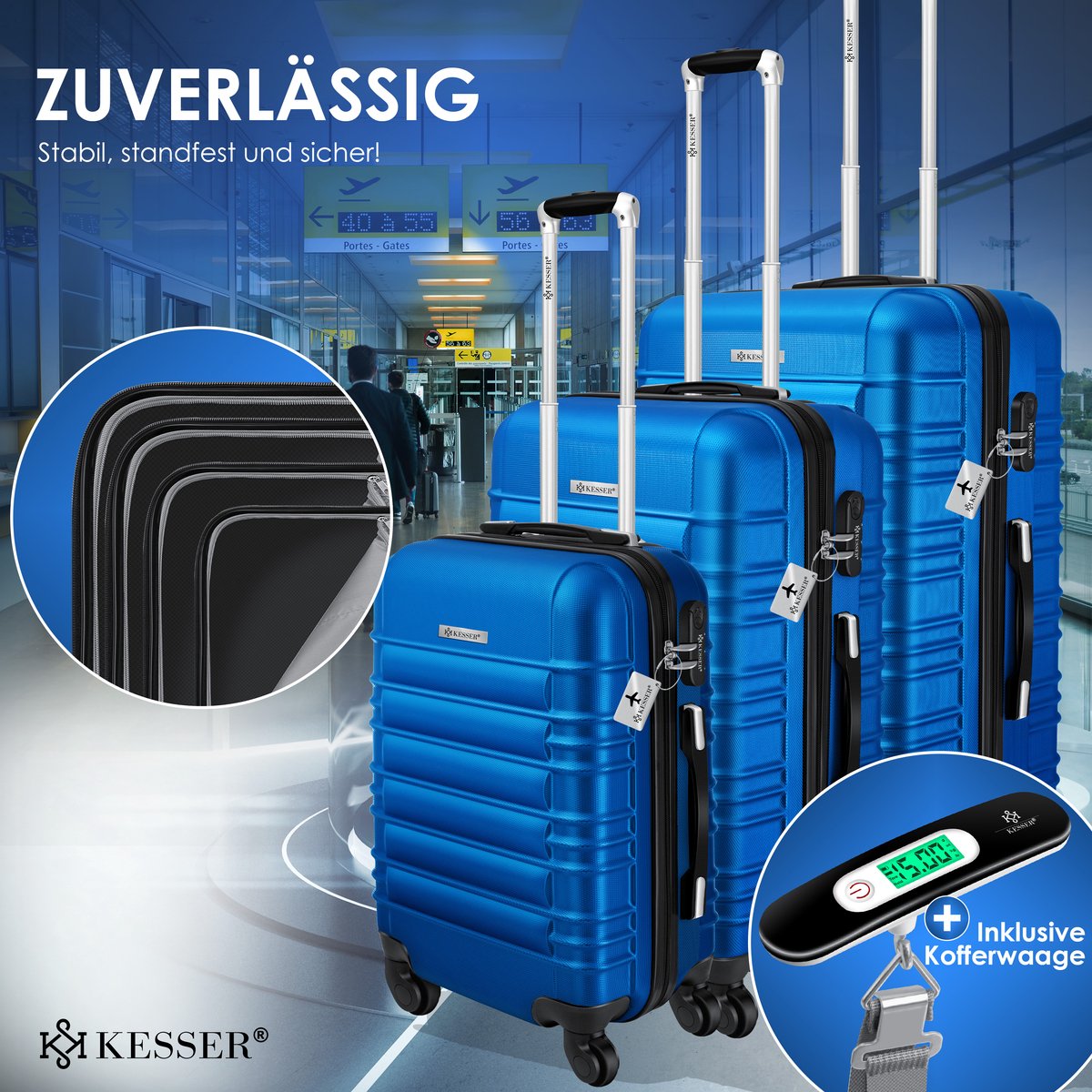 KESSER® Reiskofferset - 3-delig - ABS- Kofferset - Blauw