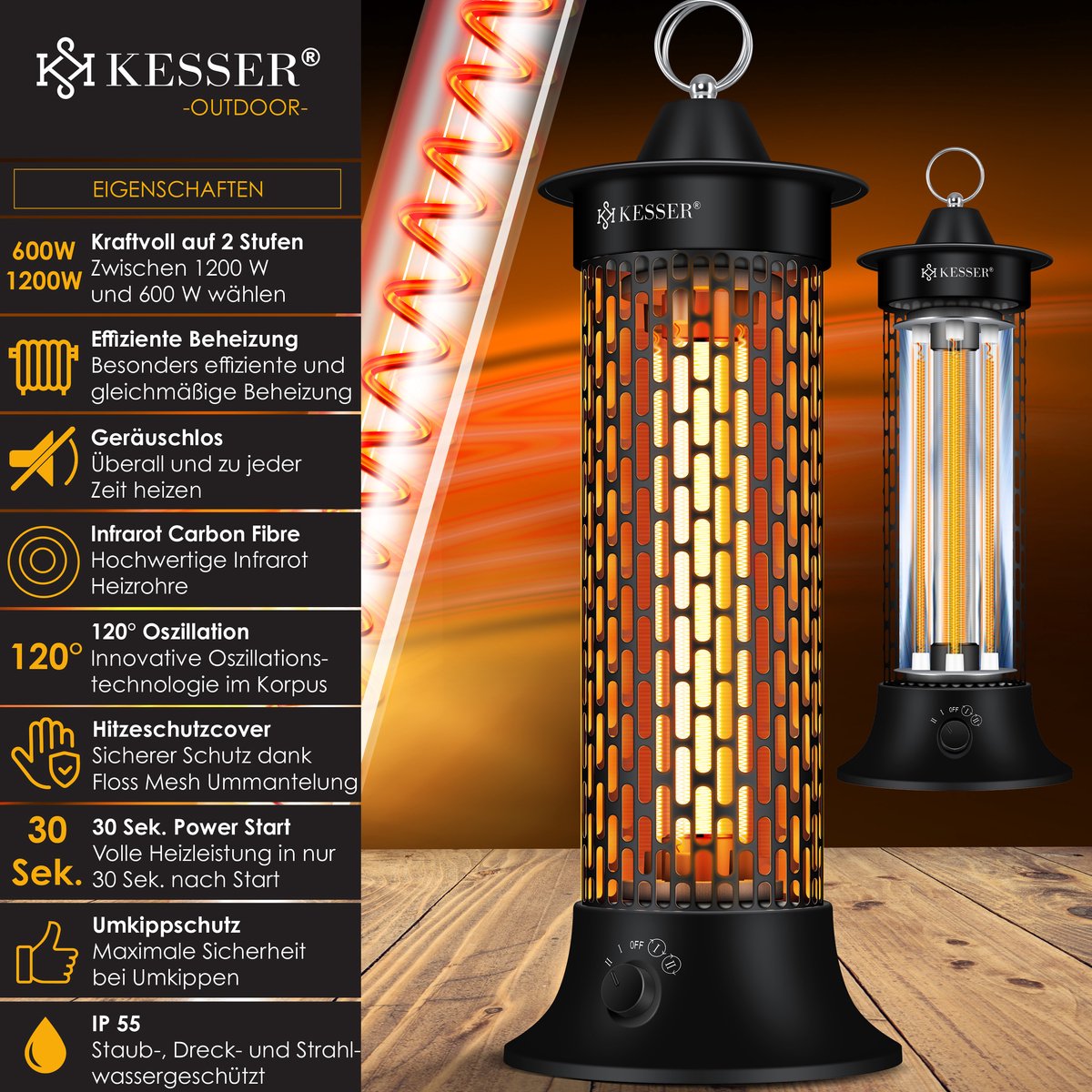 Infrarood Verwarming - Terrasverwarmer - Elektrische Heater - Zwart - KESSER®