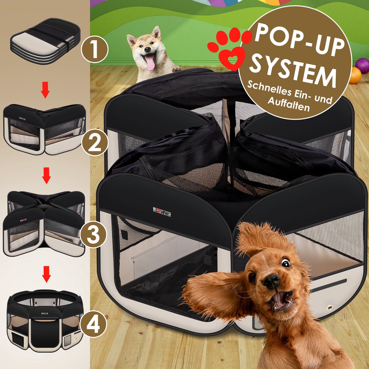 LOVPET® Puppyren voor Kleine Dieren Honden Katten - Opvouwbaar Hondenren inclusief kom en Haringen - Puppy Ren Pop-up Systeem Indoor & Outdoor Konijnenren - Beige