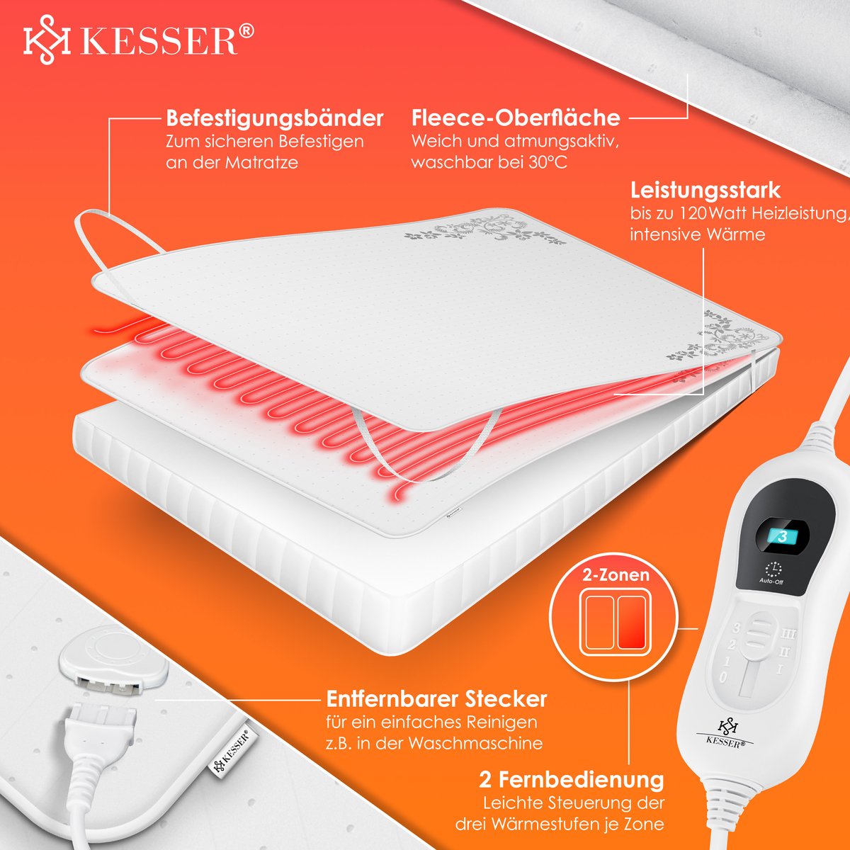 KESSER® Elektrische Onderdeken Warmtedeken met automatisch uitschakelende afstandsbediening | warmte deken met 3 temperatuurstanden | voor matrasverwarming | van zacht fleece - Wit met motief (160 cm x 140 cm)