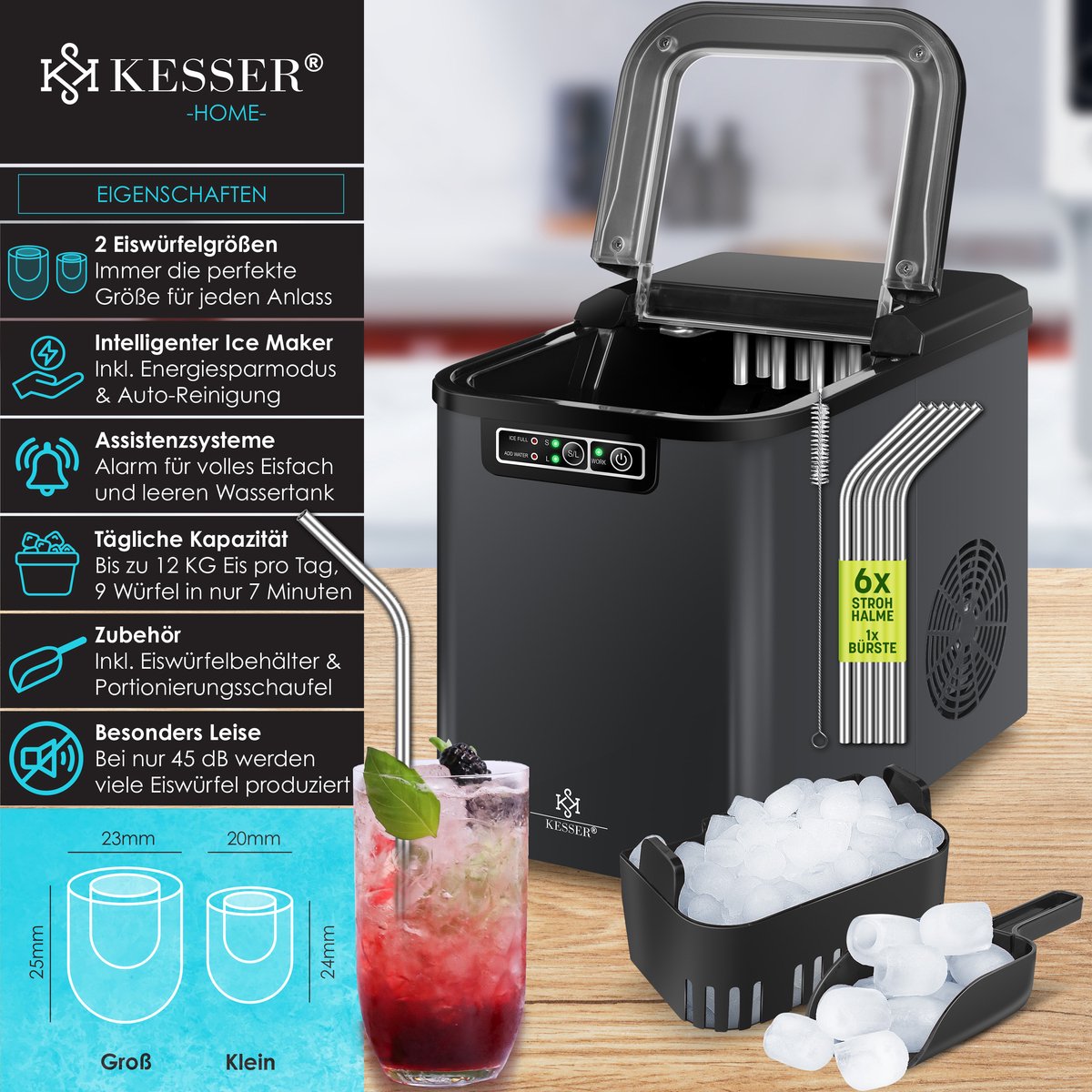 KESSER® Ijsblokjesmaker - Ijsblokjesmachine -12kg/24 uur - RVS - Antraciet