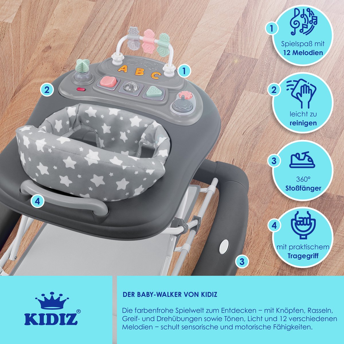 KIDIZ® 4in1 Baby walker - Loopstoel - Loopwagen - Opvouwbaar - Grijs