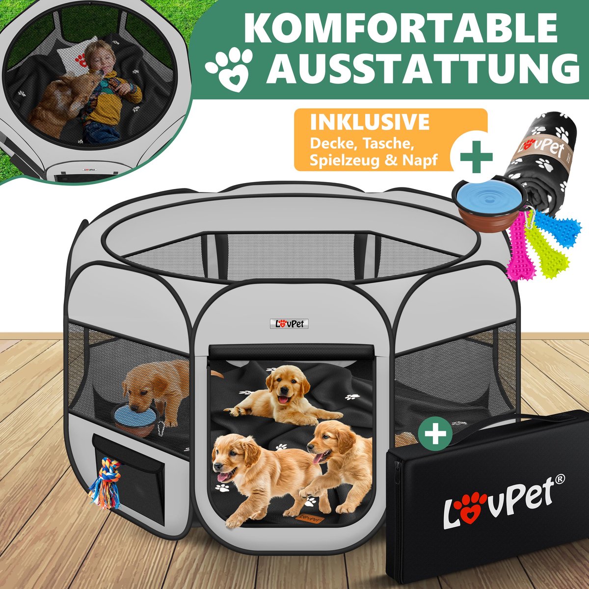 LOVPET® Puppyren voor Kleine Dieren Honden Katten - Opvouwbaar Hondenren inclusief kom en Haringen - Puppy Ren Pop-up Systeem Indoor & Outdoor Konijnenren - Lichtgrijs