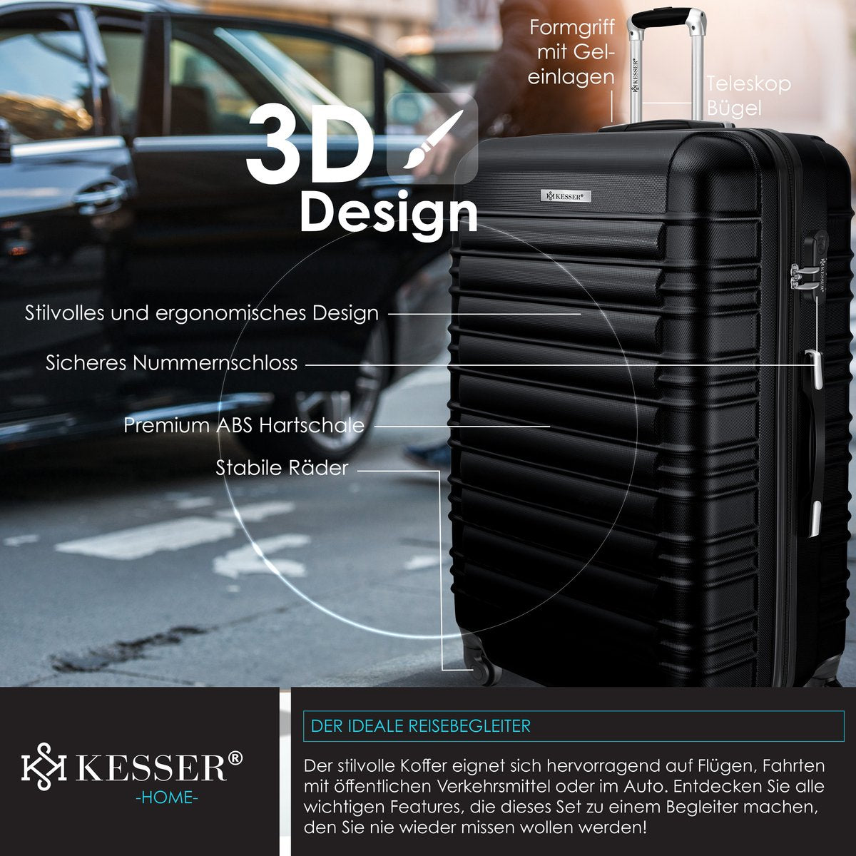 KESSER® 1x Koffer Incl. Bagageweger + Bagagelabel - Reiskoffer met 4 Wielen en Cijferslot, ABS Hardcase, Telescopisch handvat Trolley Bagagerolkoffer- 75cm - 120L, Zwart