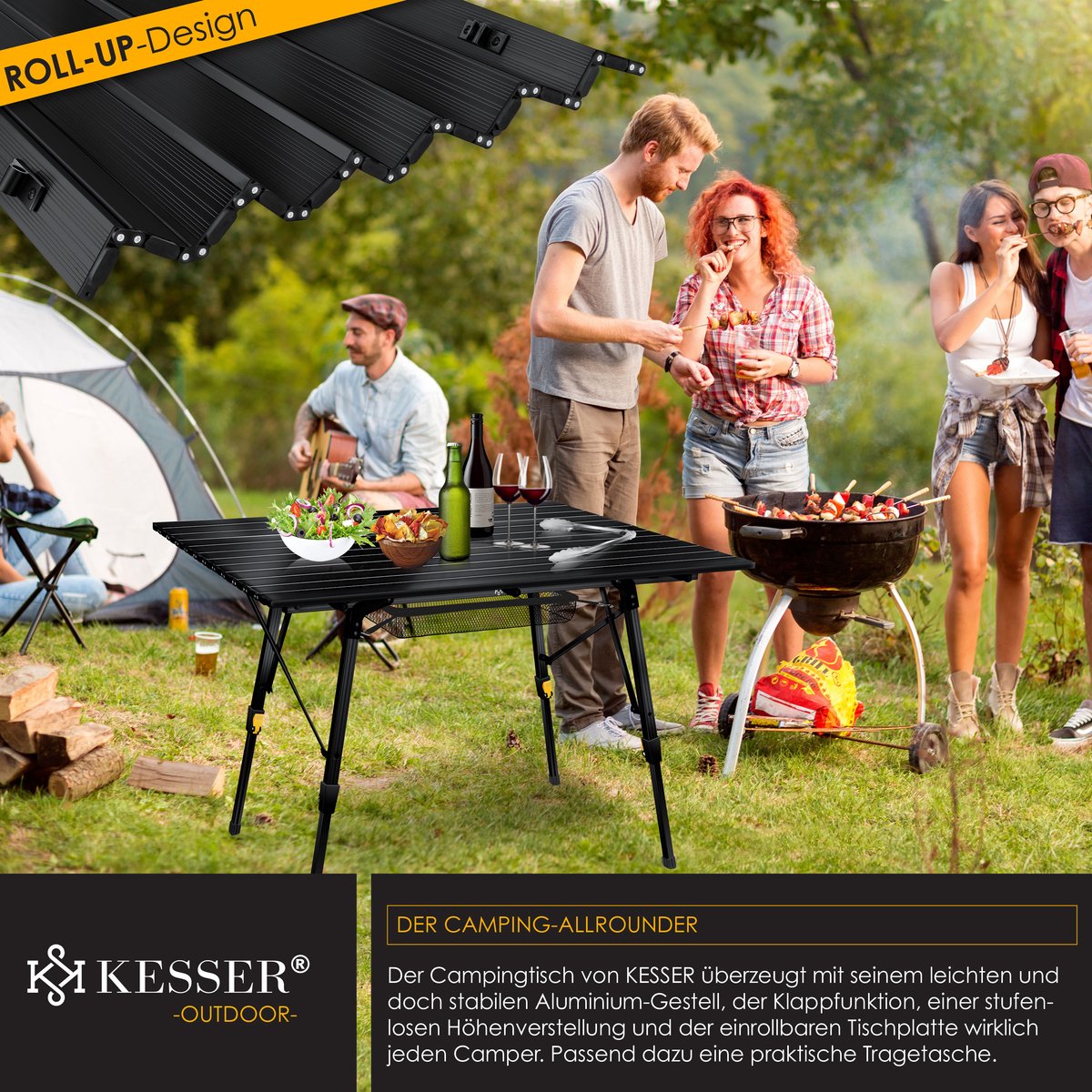 KESSER® Campingtafel Opvouwbaar - Verstelbaar - 120x70 cm - Zwart