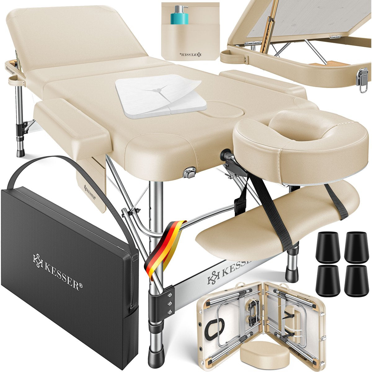 KESSER® Massagetafel inklapbaar 180x61x90cm | Behandeltafel 225kg Draagvermogen & In Hoogte Verstelbaar | Mobiele Massagebank 3-Zone | Aluminium Massagebed met Hoofdsteunen Armsteunen & opbergtas - Beige
