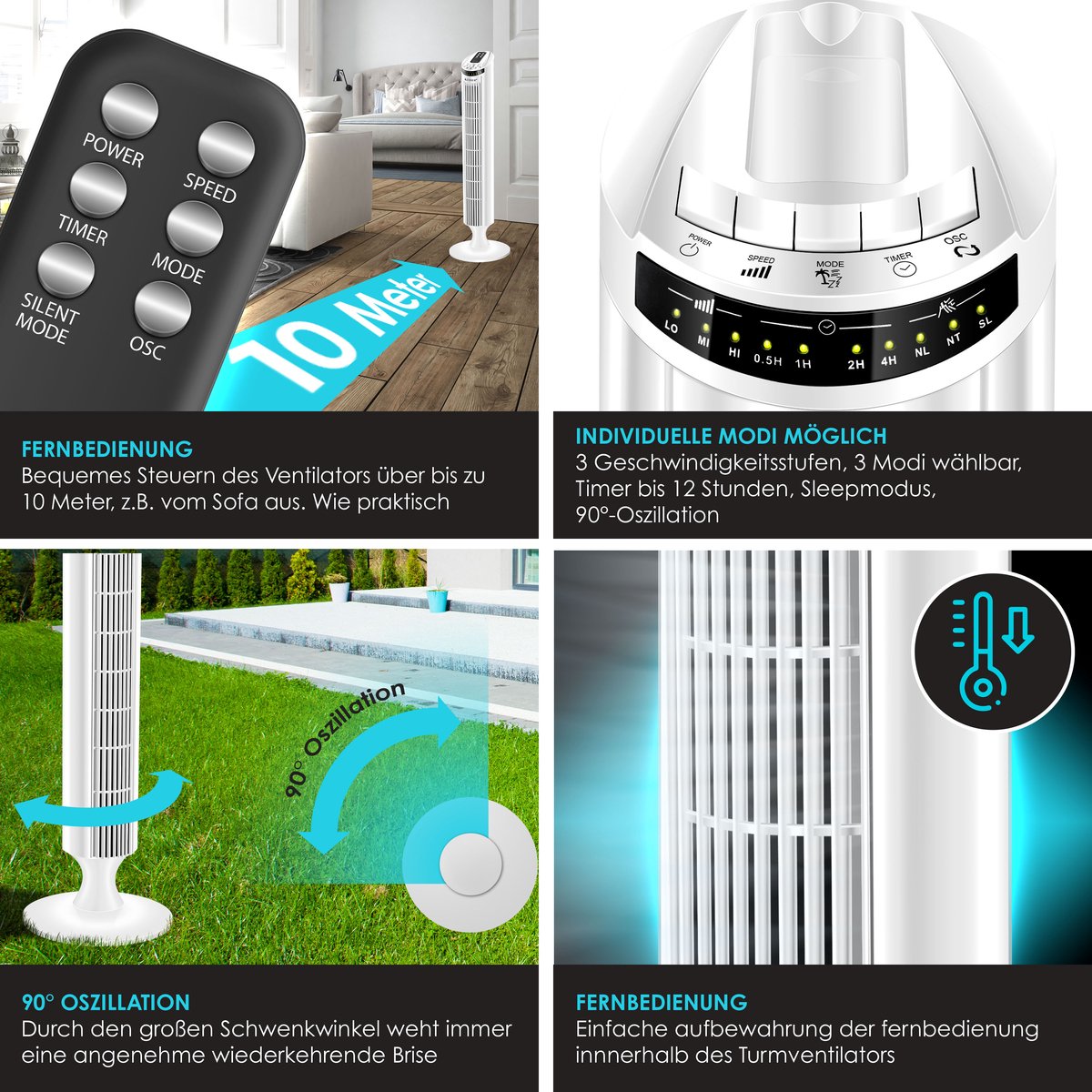 KESSER® Torenventilator - Fluisterstil - Oscillatie - Wit •