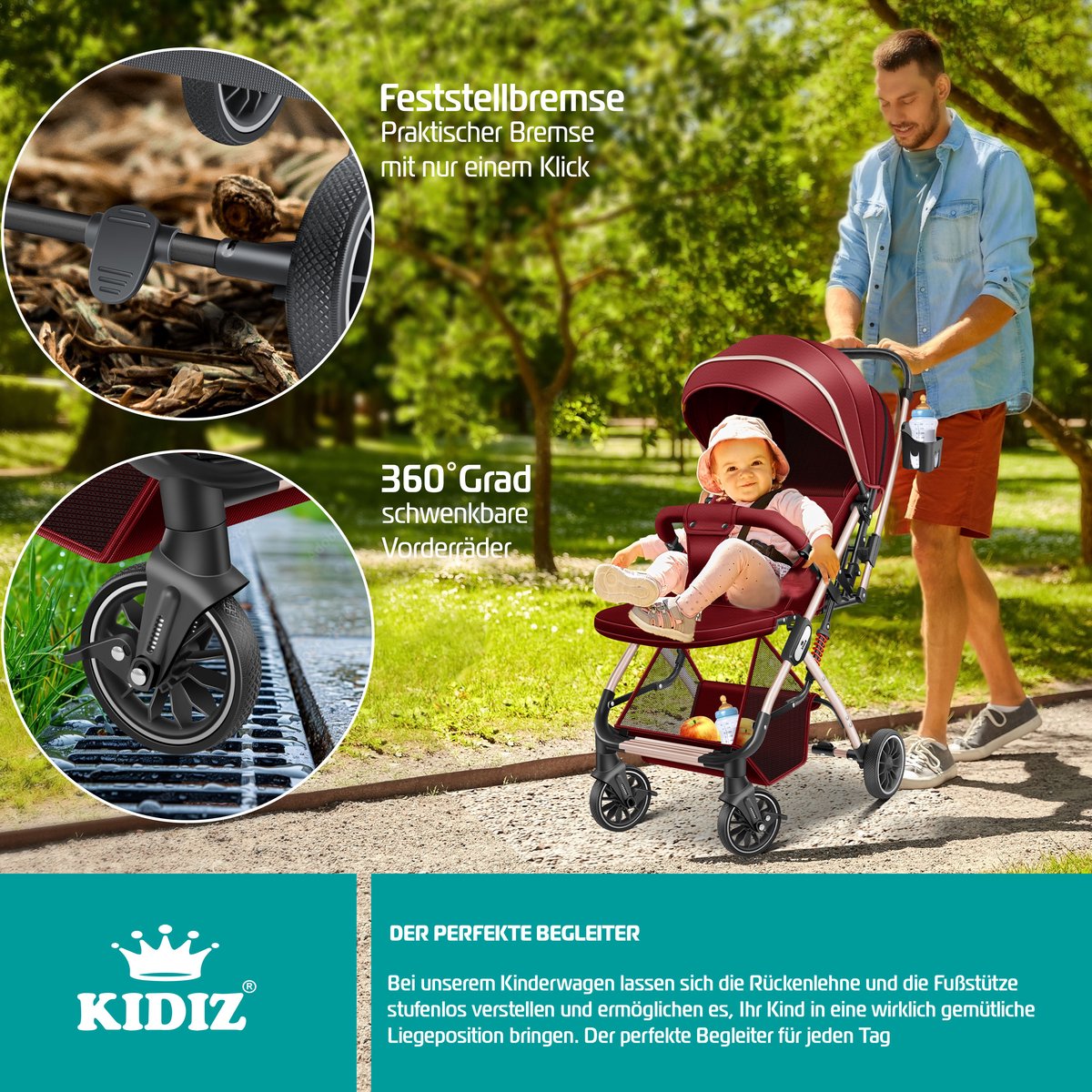 KIDIZ® Buggy 3 in 1 Kinderwagen Inklapbaar met voetenzak Baby Plooibuggy Wandelwagen inclusief Bekerhouder, regenhoes & klamboe Reisbuggy - Rood / Champagne
