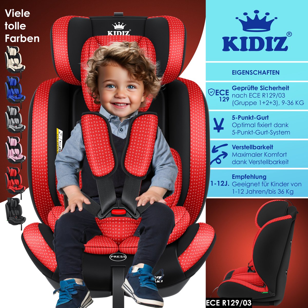 KIDIZ® Autostoeltje - 5-punts veiligheidsgordel - Rood