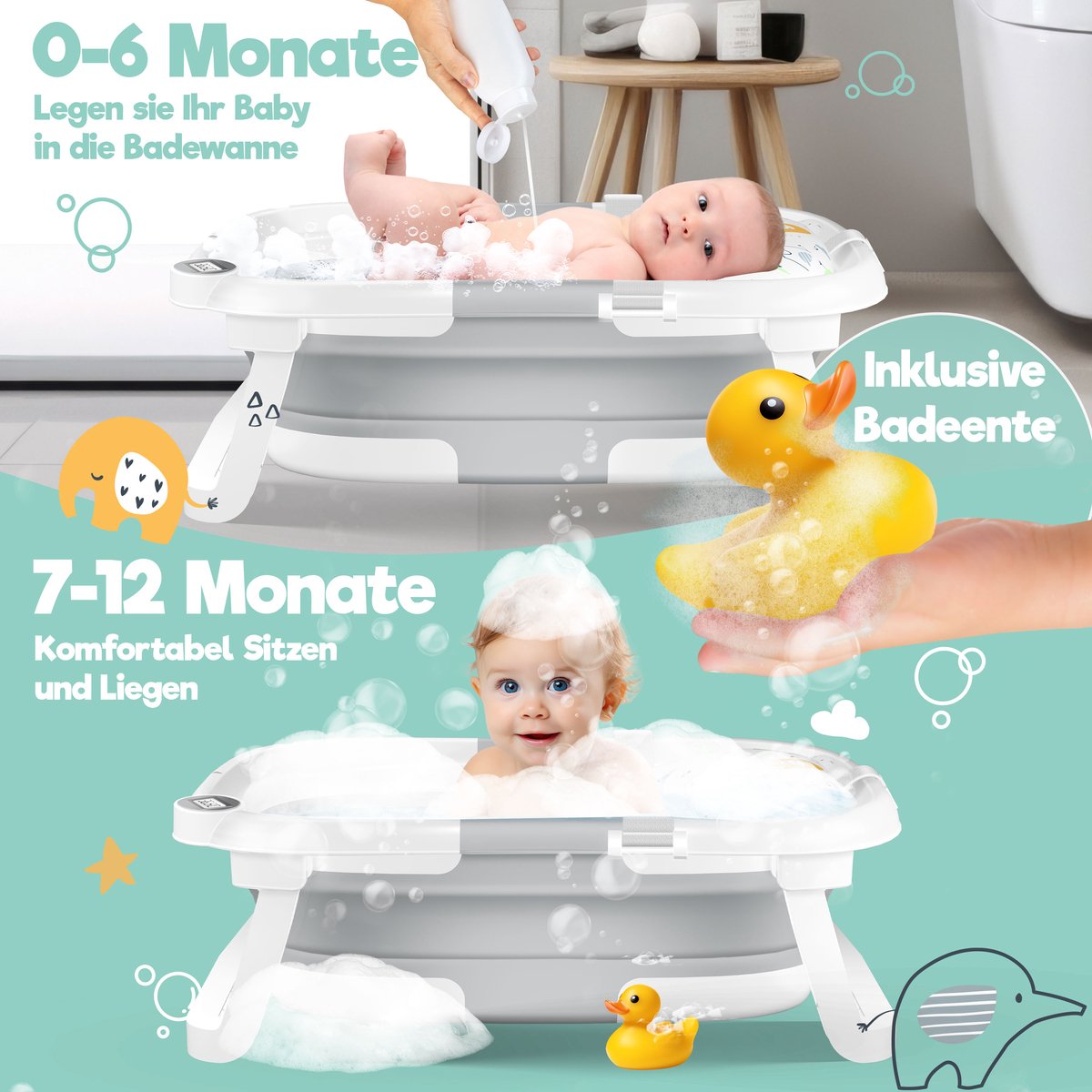 KIDIZ® Babybadje Opvouwbaar met Thermometer - 0-12 Maanden - Lichtgrijs