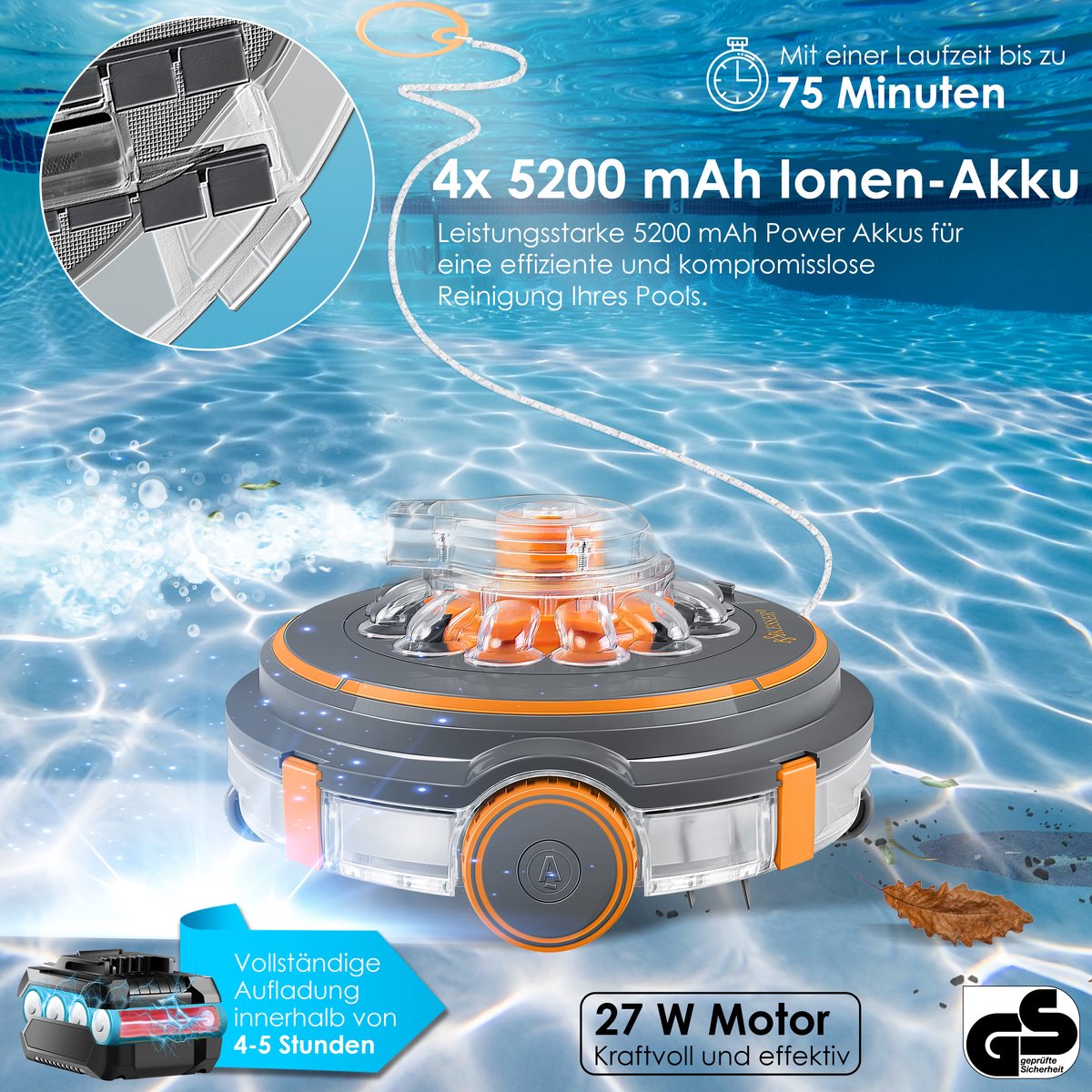 KESSER® Zwembadrobot accu Aqua-9000 incl. transporttas, Stofzuiger voor zwembaden tot 80m², Li-Ion accu max. 75 min, Zwembadreiniger snoerloze zwembadstofzuiger vloerreiniging volautomatische vloerstofzuiger - Oranje